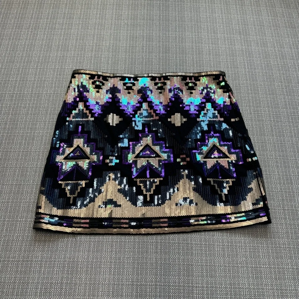 Y2K Sequin Mini Skirt XS Indie Sleaze Gold‎ Purple Aztec Festival Statement